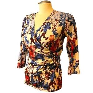 Karen Kane Faux Cross Over Jersey Three Quarter Sleeve Floral Top